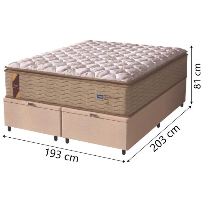 Cama Box Baú King com molas Prolastic e pillow top em suede bege e branco